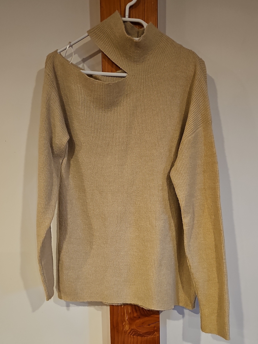 Mystree Beige Ribbed Cutout Turtleneck Sweater